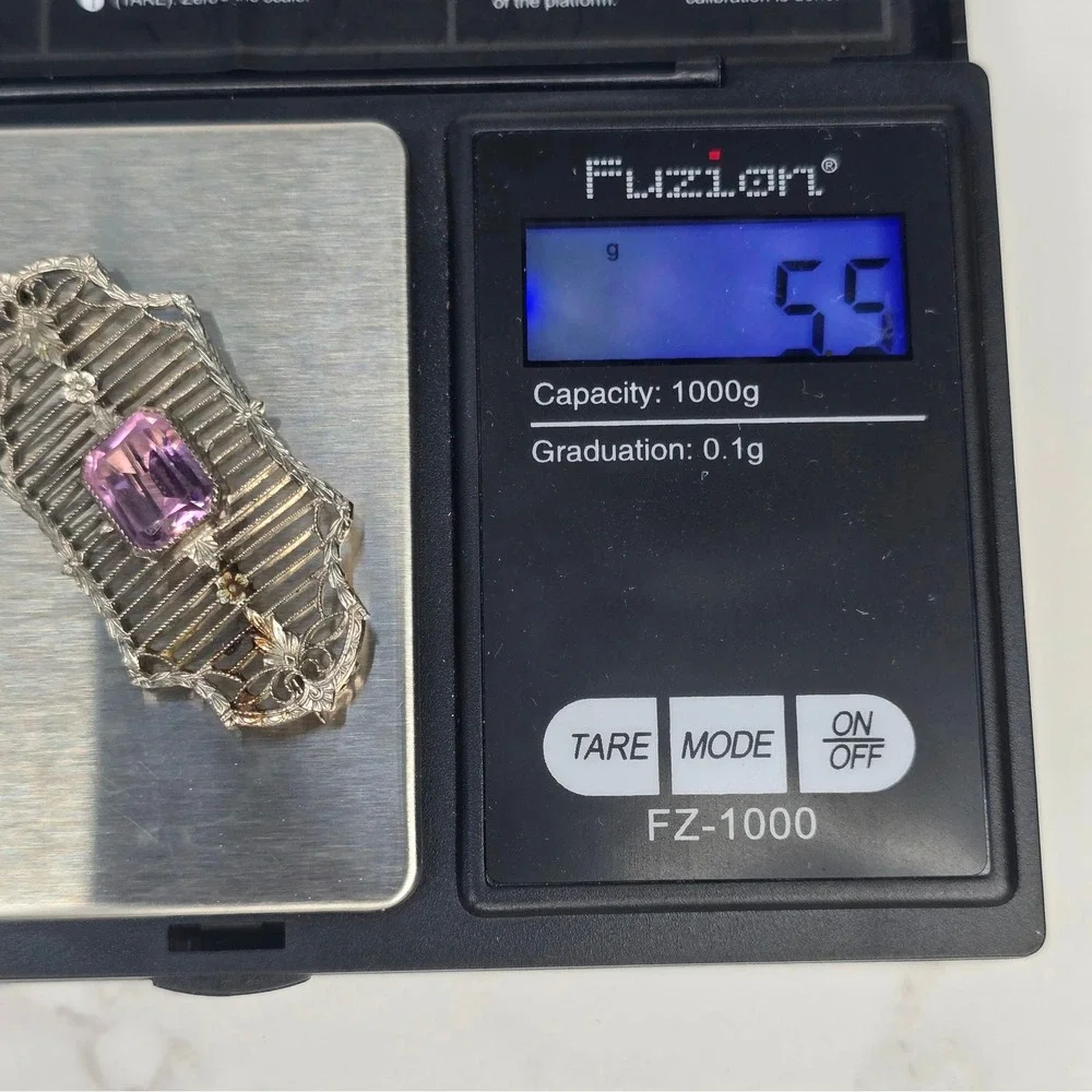 Antique Art Deco Sterling Silver Filigree Purple Crystal Bar Brooch CKB Pin 5.5g